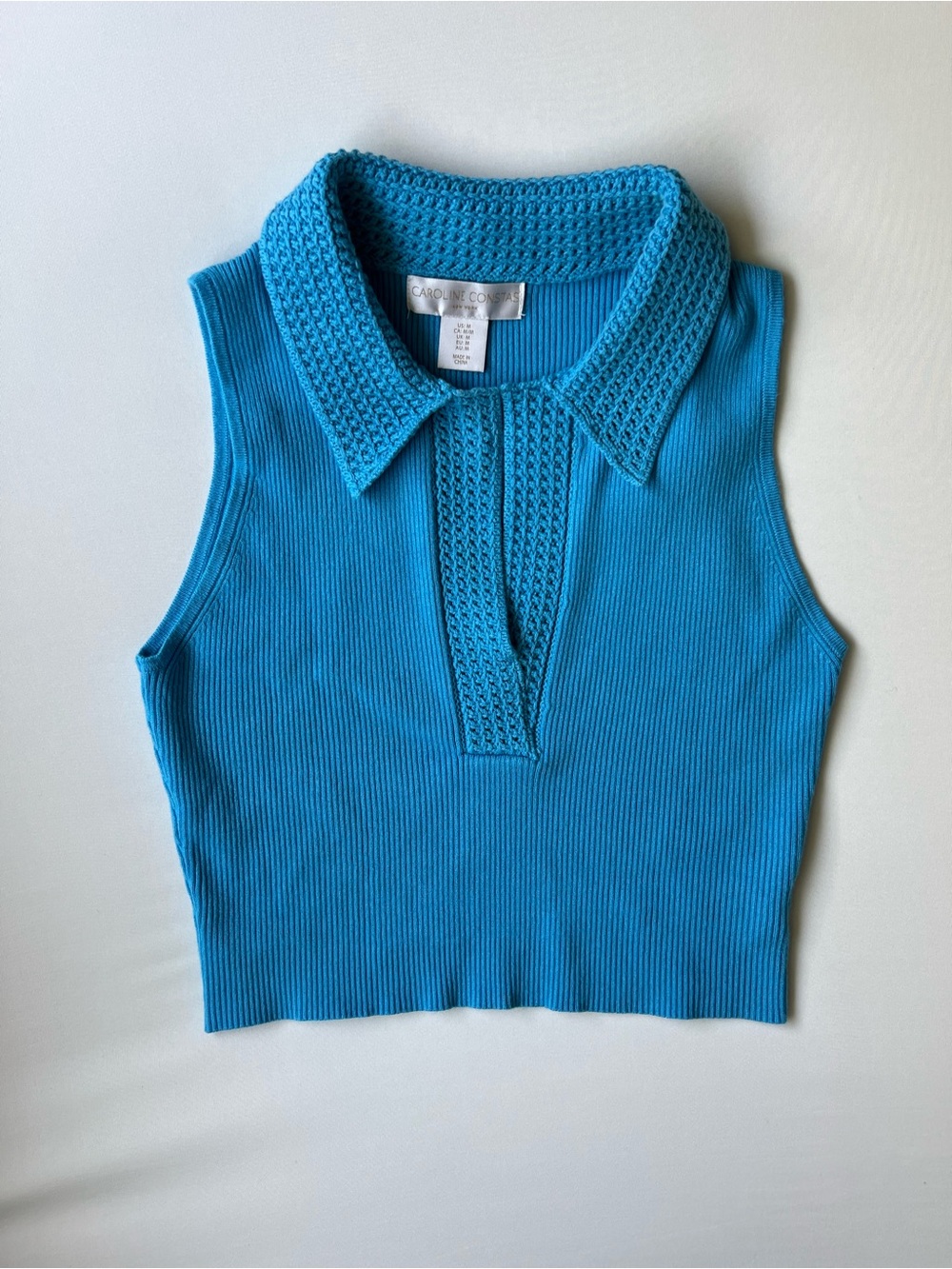 Caroline Constas Turquoise Ribbed Knit Polo Tank Top
